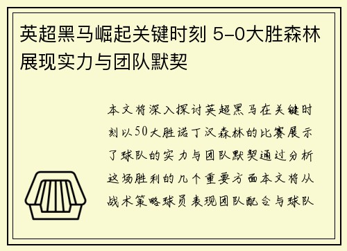 英超黑马崛起关键时刻 5-0大胜森林展现实力与团队默契
