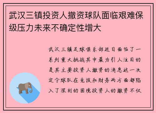 武汉三镇投资人撤资球队面临艰难保级压力未来不确定性增大