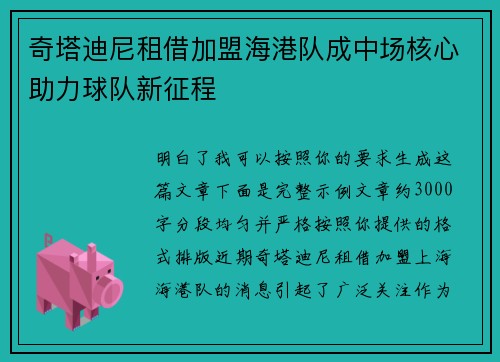 奇塔迪尼租借加盟海港队成中场核心助力球队新征程